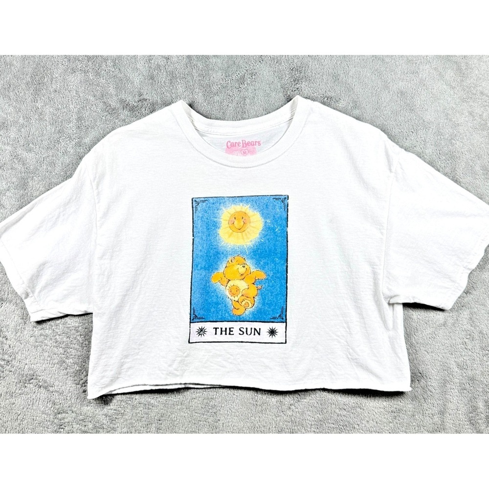 Care Bears "The Sun" Y2K Cropped Graphic Tee Women's M White Yellow Bear 2000s